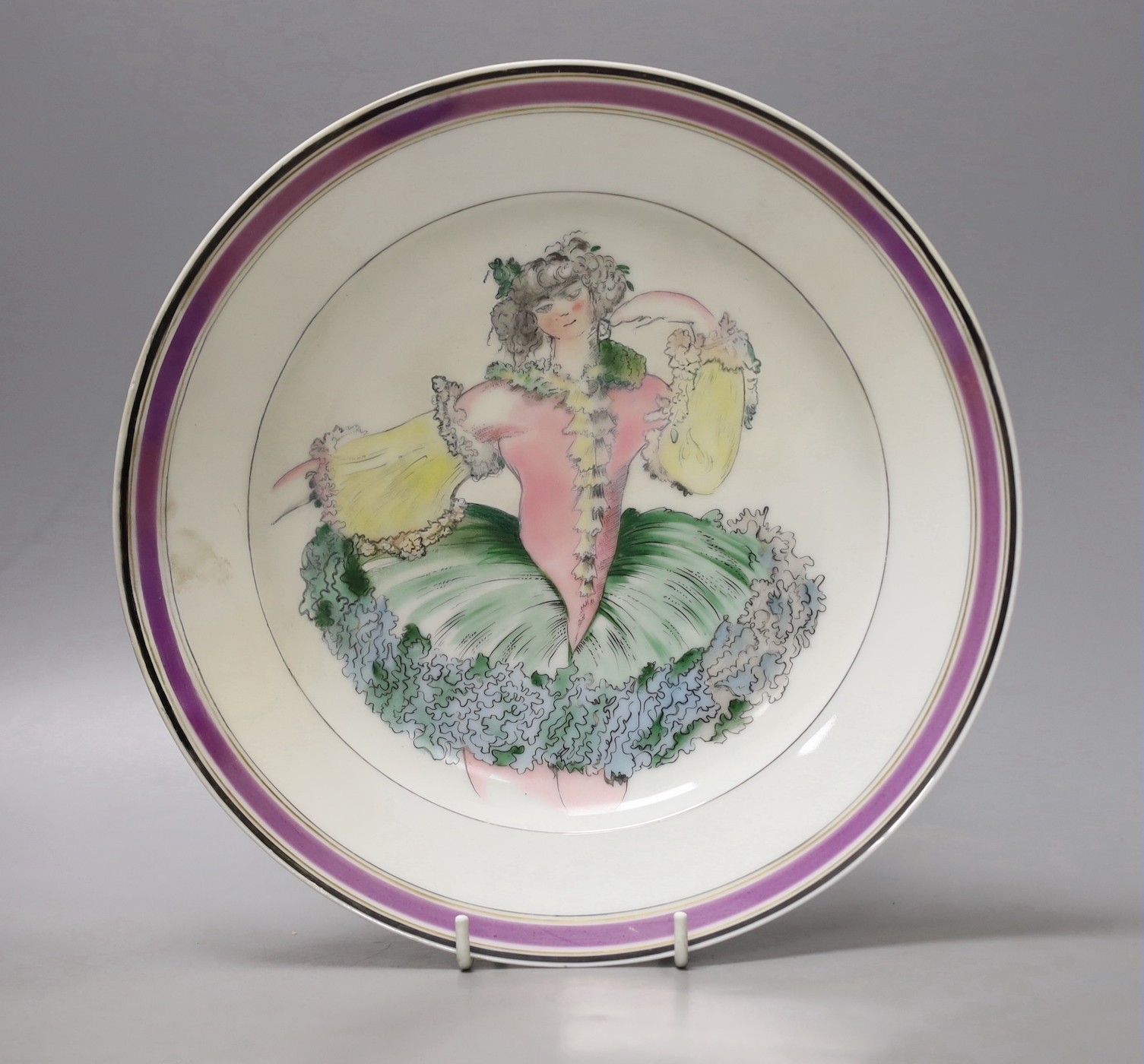 A rare Russian ‘Ballet Russes’ porcelain plate by the Imperial Porcelain Factory, St Petersburg and the State Porcelain Factory, Petrograd 1922, possibly taken from a Leon Bakst design, restored